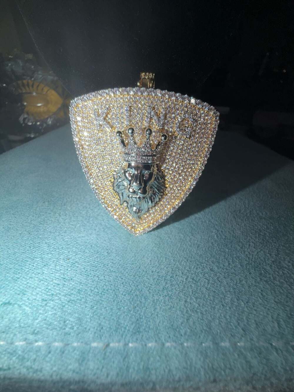 Thermal infused 14k white and yellow gold
Over brass ice cz stones shield